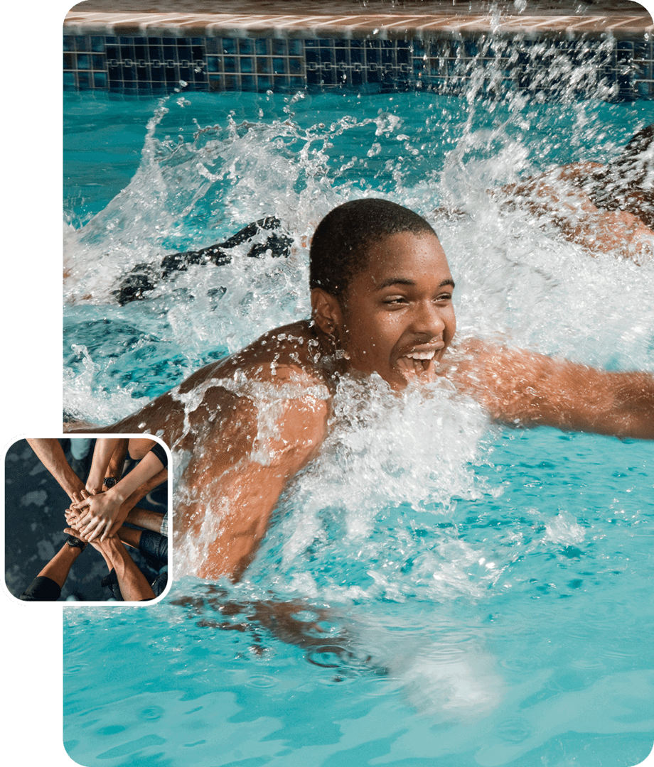 Person swimming in a pool with splashes of water around them; inset shows hands of diverse people grasping tightly together.