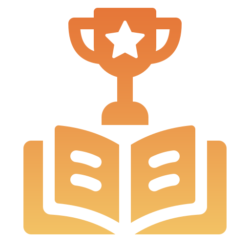 A gold trophy and an open book with a star on it.