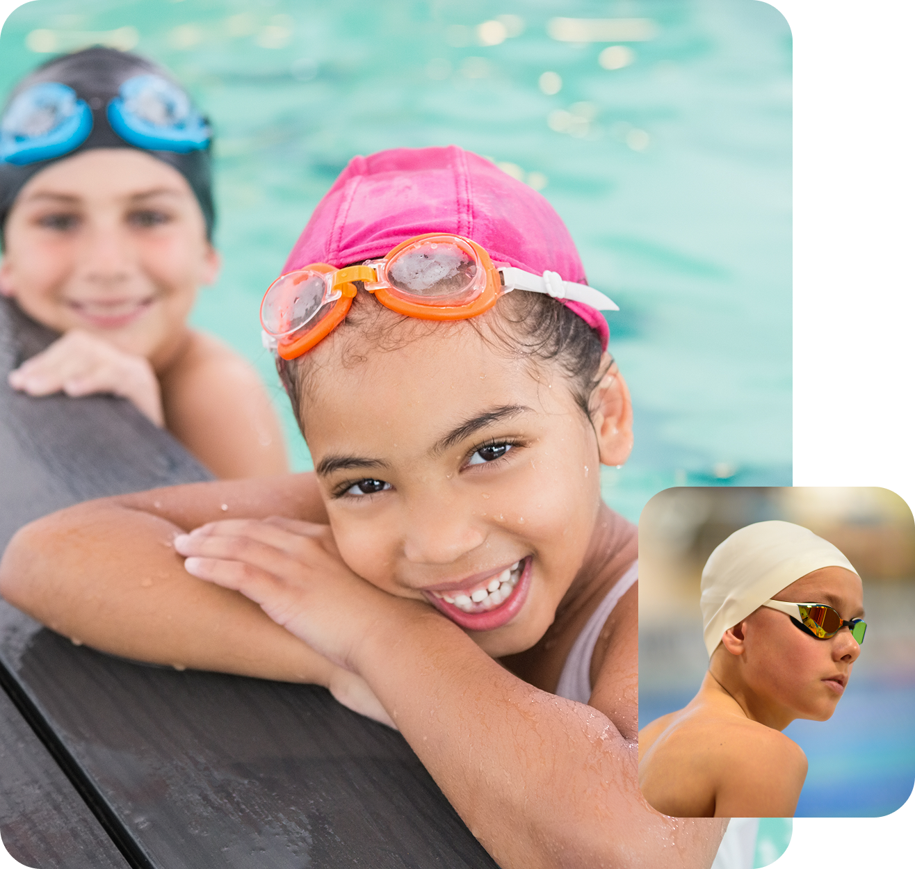Group 62 A group of young children in swimming caps and goggles.