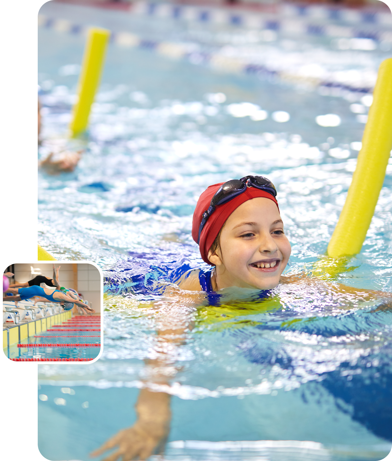 A young girl swimming in the pool with two yellow poles.