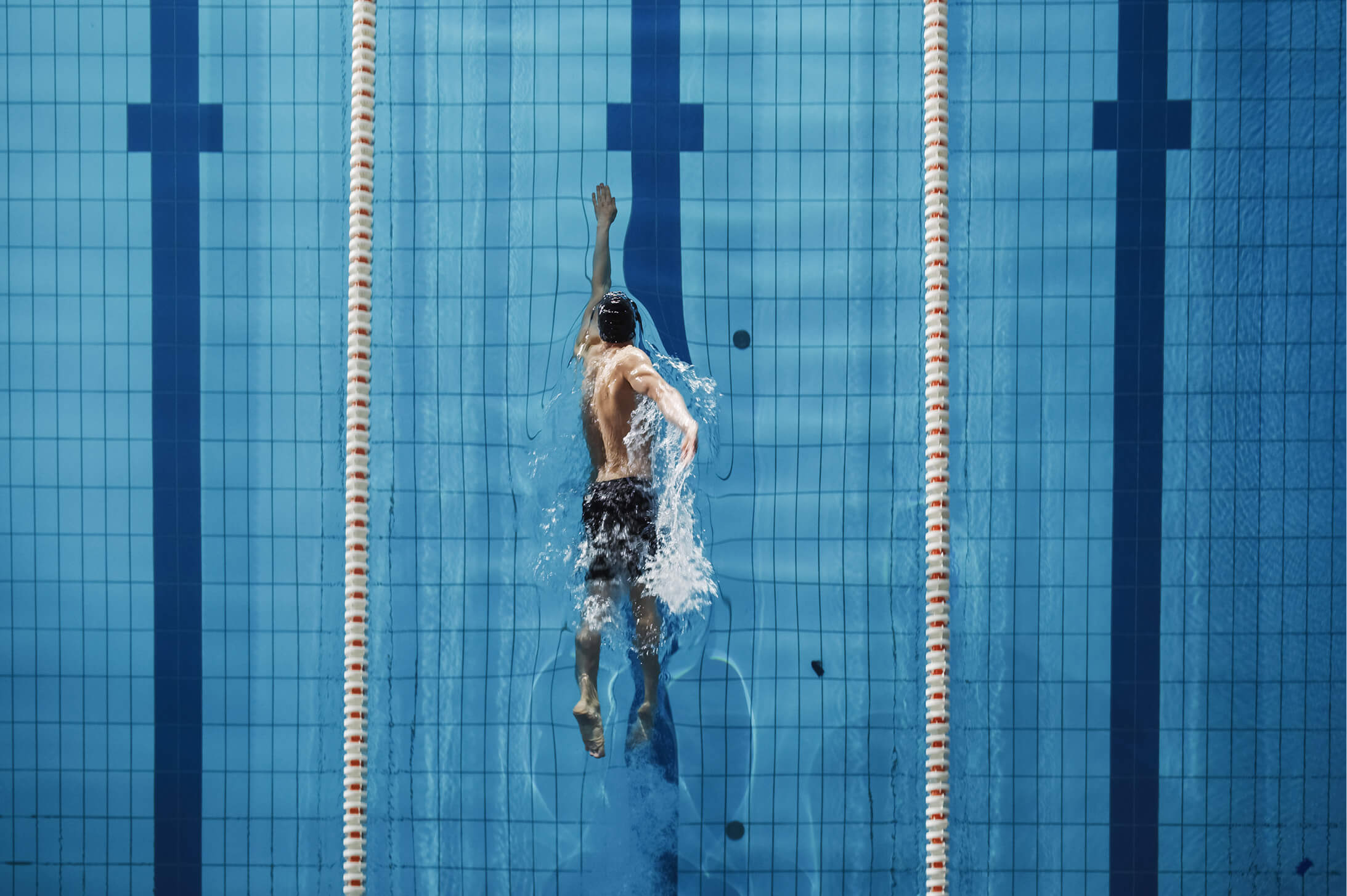 A man diving into the water in an indoor pool.